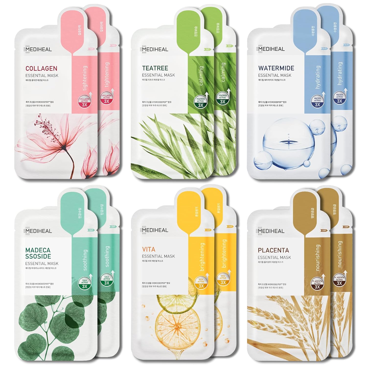 Mediheal Sheet Mask New Essential HERO 12 pack (Collagen, Tea Tree, Placenta, Madecassoside, Vita, Watermide)| Korean Skincare Facial Sheet Mask Combo, Moisturizing, Soothing and for Blemishes - KosBeauty