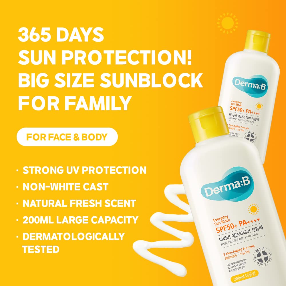 [ Derma:B ] Everyday Sun Block Large Size Sunscreen SPF50+ PA++++ 6.71 Fl Oz, 200ml