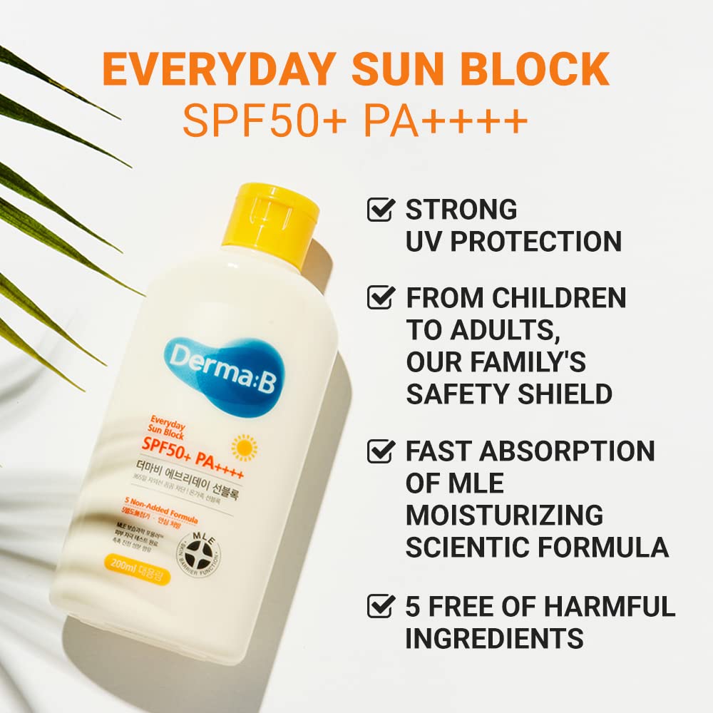 [ Derma:B ] Everyday Sun Block Large Size Sunscreen SPF50+ PA++++ 6.71 Fl Oz, 200ml