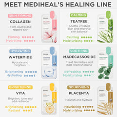 Mediheal Sheet Mask New Essential HERO 12 pack (Collagen, Tea Tree, Placenta, Madecassoside, Vita, Watermide)| Korean Skincare Facial Sheet Mask Combo, Moisturizing, Soothing and for Blemishes