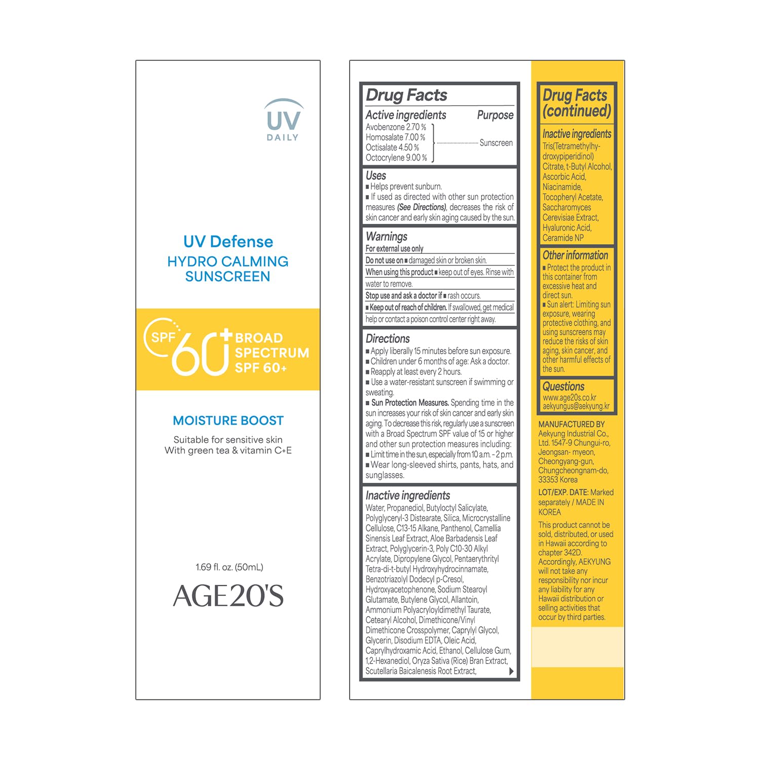 AGE 20's UV Defense Hydro Calming Sunscreen SPF 60+ 50ml / 1.69 fl.oz.
