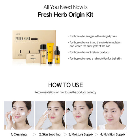 [ NACIFIC ] Fresh Herb Origin 4 PC Skincare Kit with Toner, Serum, Cream, EM Soap