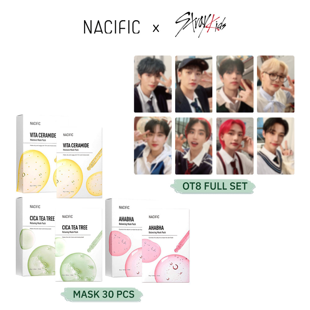 Nacific x Stray Kids Premium Mask Sheet Variety Set 30-Pack, with Stayz in Diary Photo Cards 8 PCS