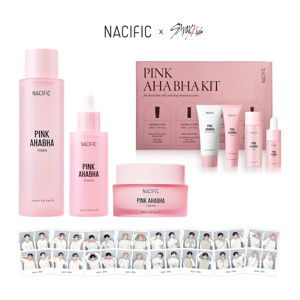 Nacific x Stray Kids Pink AHA BHA 4-Piece Skincare Set, with Photocards 8 PCS Full Set